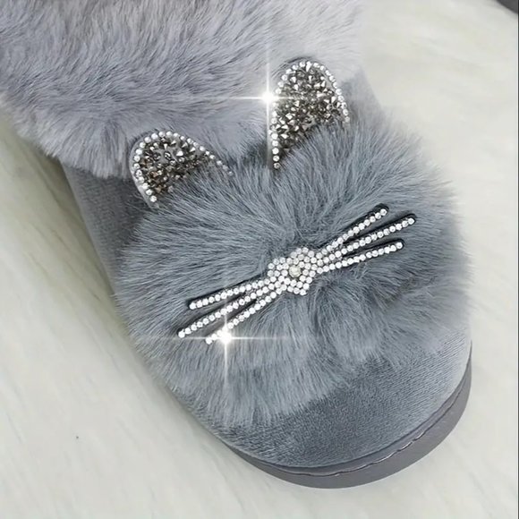 New Cozy & Cute Cartoon Rhinestone Cat Winter Slippers 8 8 1/2 - Picture 2 of 3